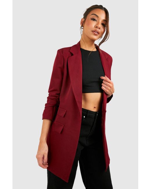 Boohoo Red Plunge Front Ruched Sleeve Longline Blazer