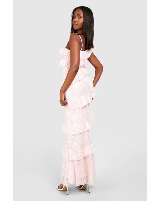 Boohoo Pink Textured Ruffle Asymmetric Maxi Dress