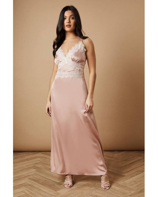 Oasis Brown Satin Lace Detail Strappy Maxi Dress