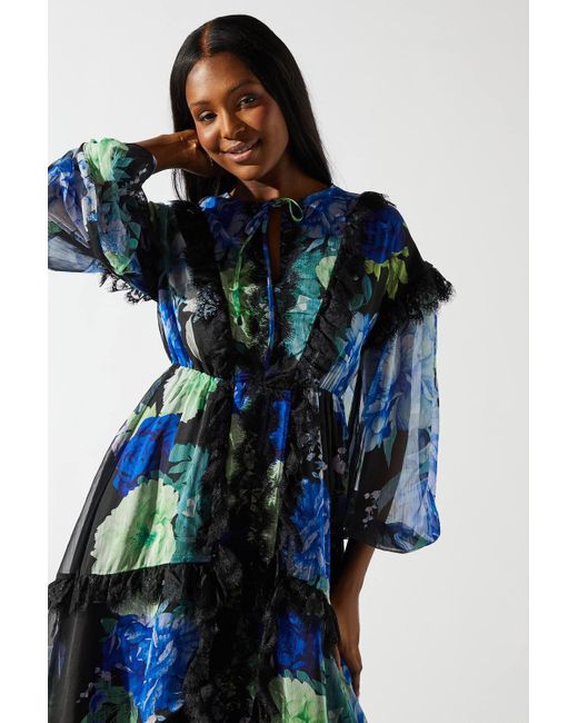 Coast Blue Floral Chiffon Tie Neck Lace Trim Dress