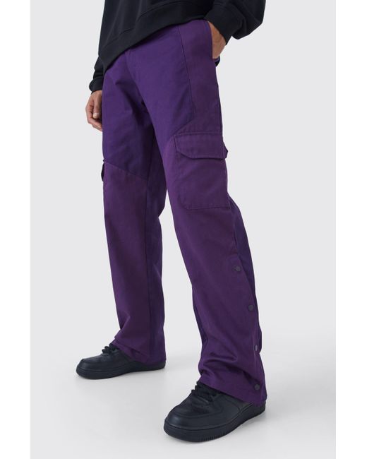 BoohooMAN Purple Tall Slim Fit Colour Block Cargo Trouser With Woven Tab for men