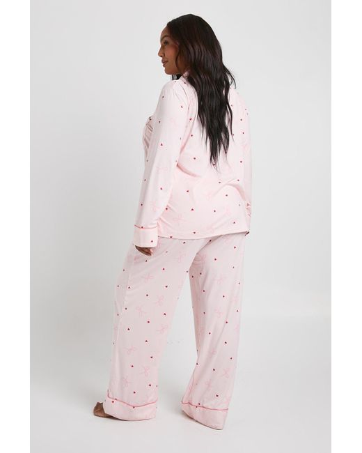 Boohoo Pink Plus Super Soft Bow & Heart Trouser Pj Set