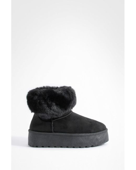 Boohoo Black Wide Fit Platform Fur Trim Mini Cosy Boots