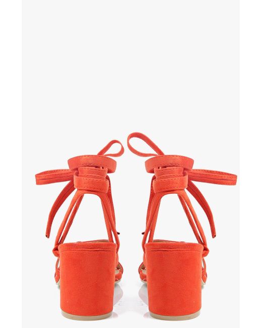 Boohoo Edith Low Block Wrap Strap Heel in Orange | Lyst