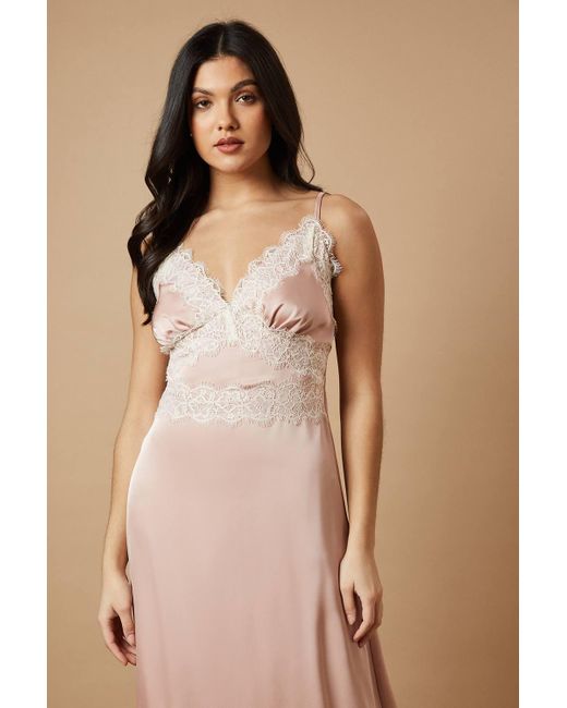 Oasis Brown Satin Lace Detail Strappy Maxi Dress