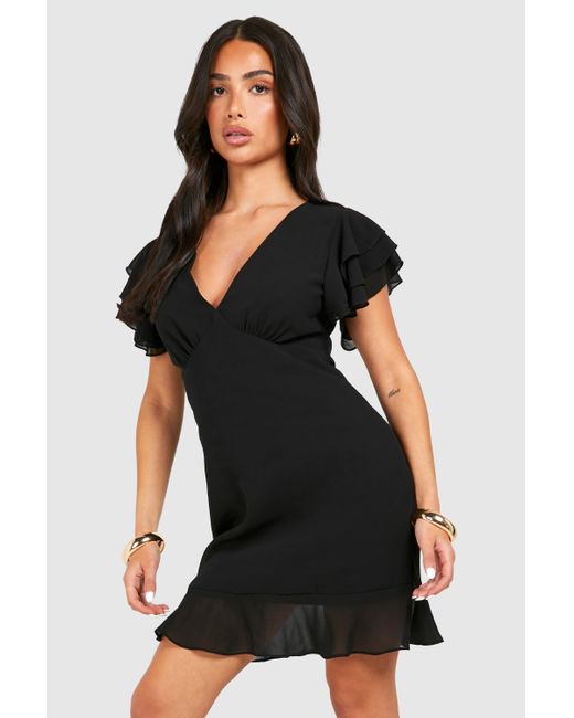 Boohoo Black Petite Chiffon Frill Shoulder Mini Dress
