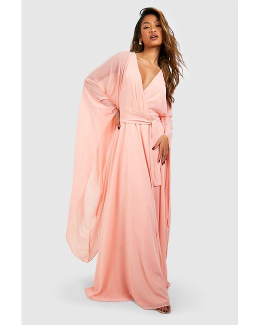 Boohoo Pink Chiffon Wrap Cape Sleeve Maxi Dress