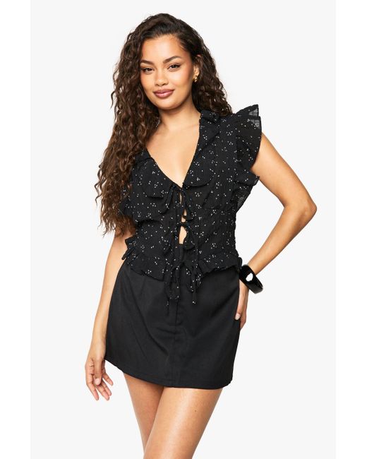 Boohoo Black Ruffle Floral Print Tie Front Blouse