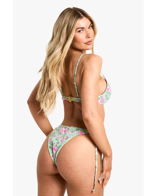 Boohoo Green Ditsy Floral Print Underwired Bikini Top & Tie Side Bikini Bottoms Set