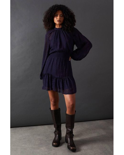 Warehouse Blue Tufted Dobby Chiffon Shirred Waist Flippy Hem Mini Dress