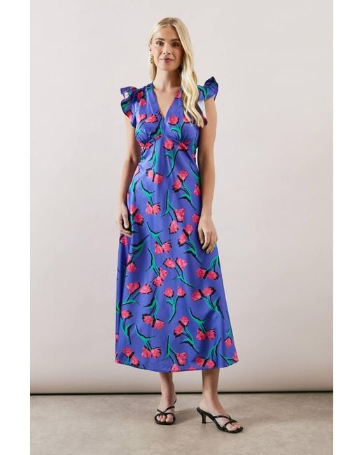 Wallis Blue Petite Bias Cut Satin V Neck Dress