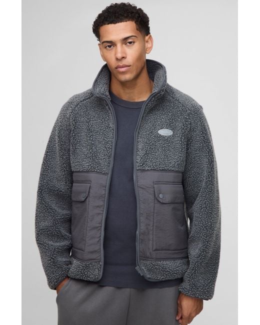 BoohooMAN Men's Gray Regular Fit Two Tone Borg Nylon Mix Funnel