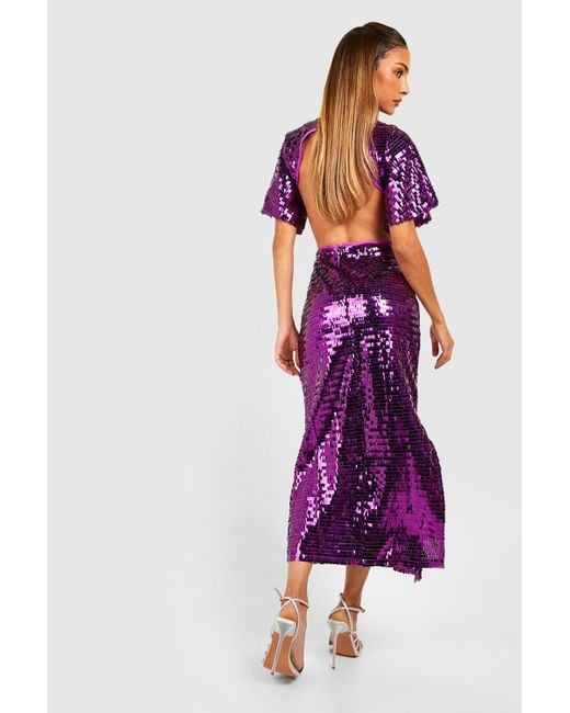 Boohoo Purple Sequin Angel Sleeve Cut Out Midi Party Dress