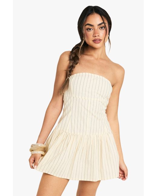 Boohoo Natural Stripe Linen Look Button Down Peplum Mini Dress