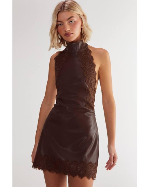 Nasty Gal Eyelash Lace Trim Faux Leather Halter Dress in Brown | Lyst