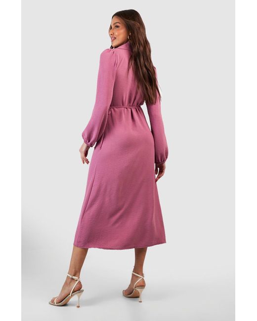 Boohoo Pink Hammered Volume Sleeve Wrap Front Shirt Dress