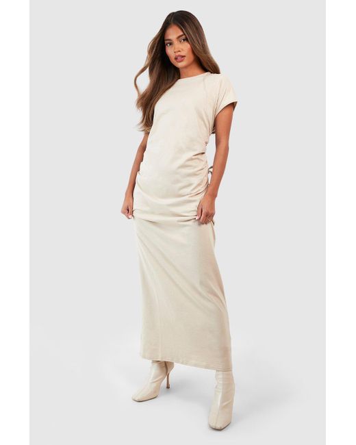 Boohoo White Cotton Ruched Waist T-shirt Maxi Dress