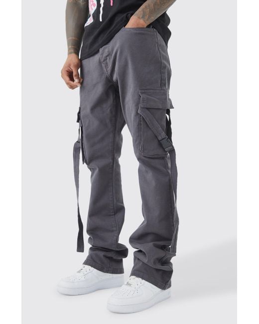 BoohooMAN Blue Fixed Waist Slim Stacked Flare Strap Cargo Trouser for men
