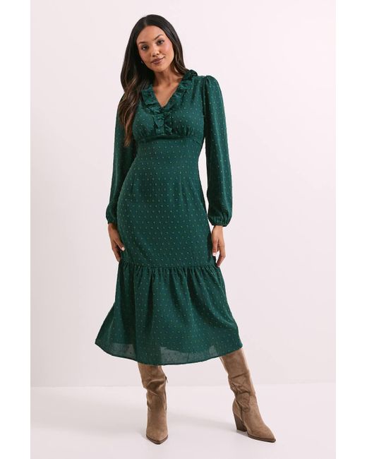 Dorothy Perkins Green Frill Sleeve Ruched Bodice Chiffon Midi Dress