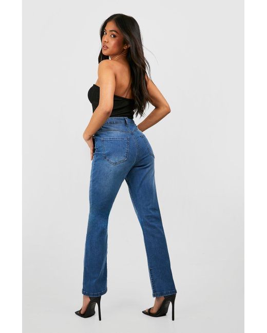 Boohoo Blue Petite Split Hem High Waisted Slim Flare Jean