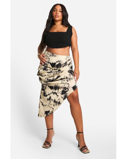 Boohoo Multicolor Plus Woven Abstract Print Ruched Detail Midaxi Skirt