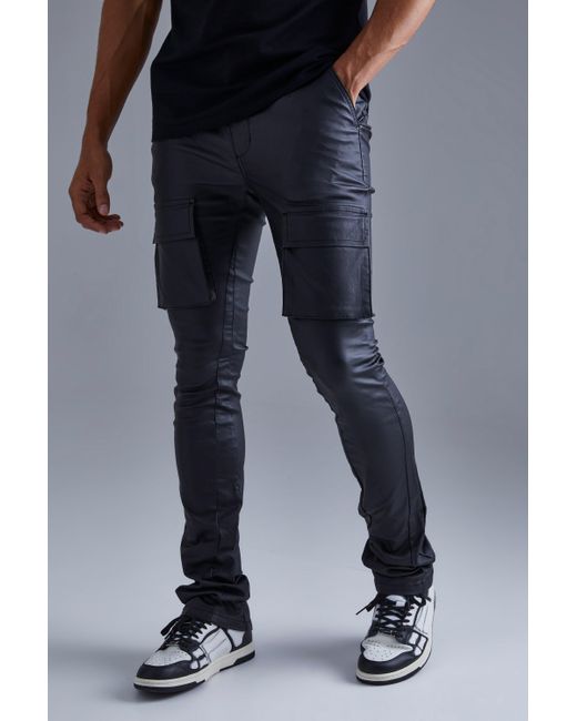 BoohooMAN Blue Skinny Stacked Flare Coated Cargo Trouser for men