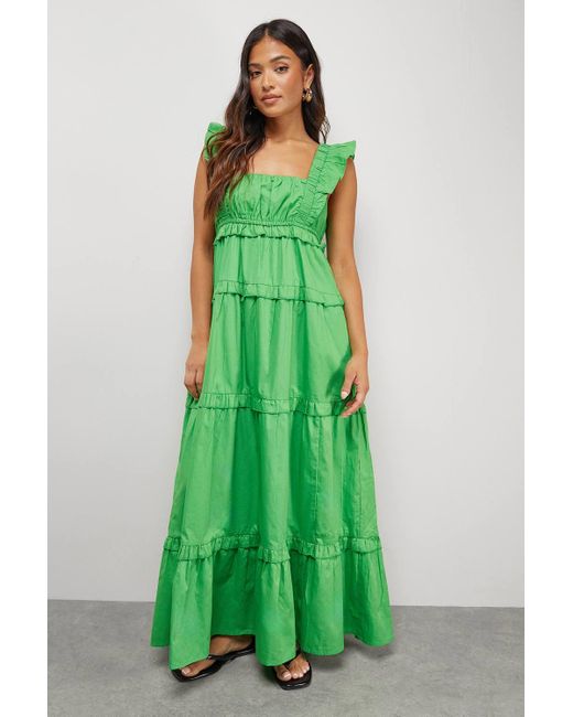 Warehouse Green Petite Poplin Frill Tier Midi Sundress