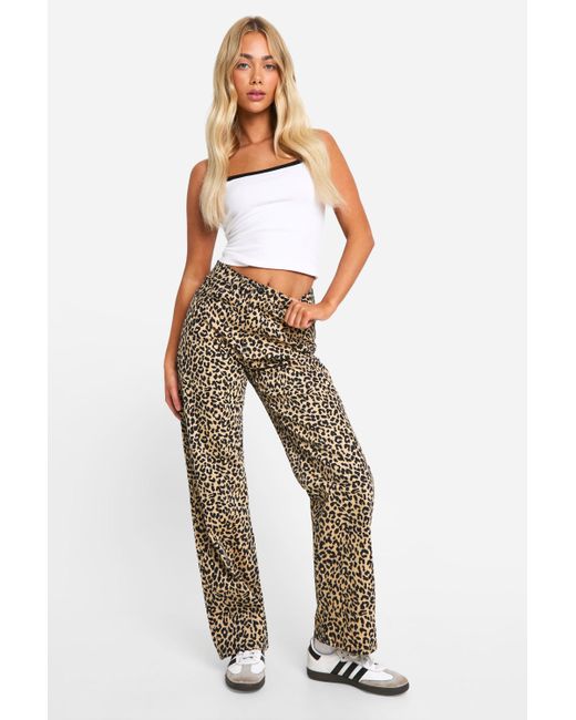 Boohoo Natural Leopard Denim Straight Leg Jeans