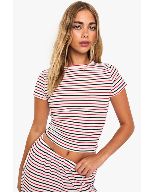 Boohoo White Stripe Crew Neck Baby Tee