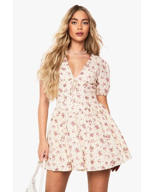 Boohoo Women's White Ditsy Floral Puff Sleeve Milkmaid Mini Dress -  www.benaras.co