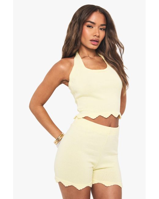 Boohoo White Halter Neck Beach Knit Scallop Edge Top And Short