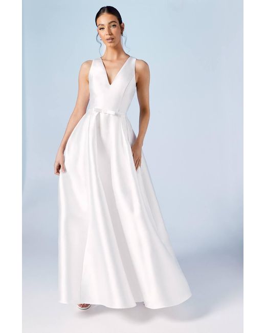 Coast White Plunge Neck Bow Waist Maxi Dress With Pockets