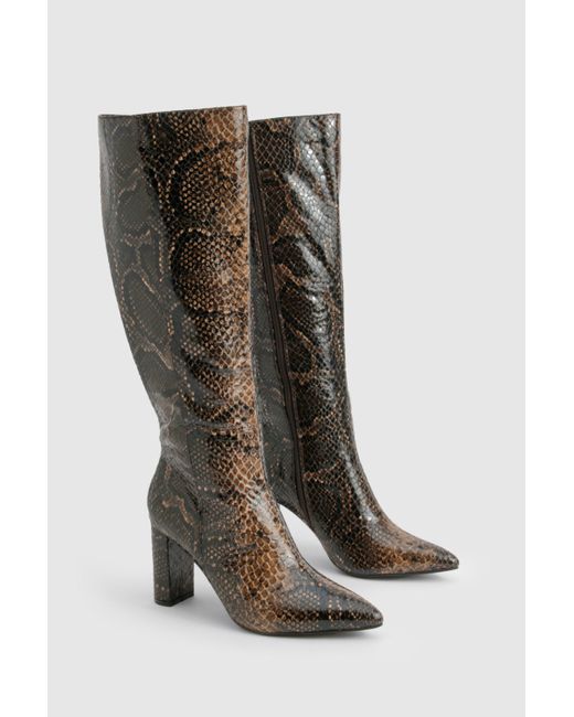 Boohoo Black Snakeskin Pointed Toe Knee High Boots