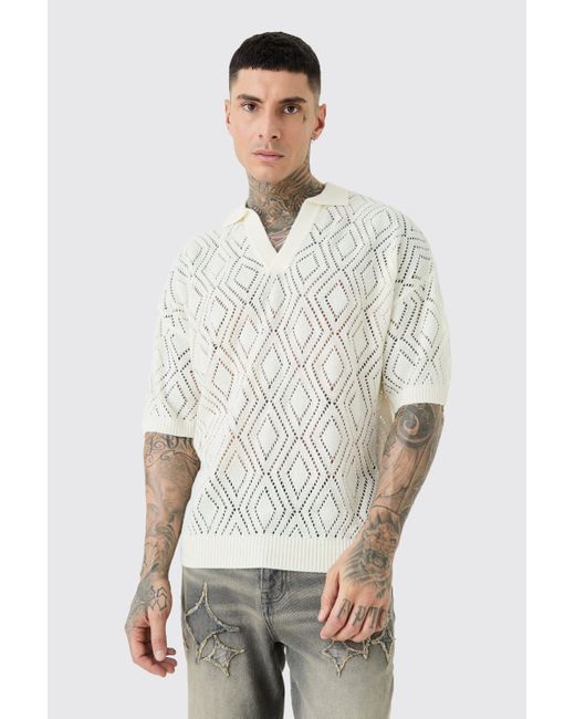 BoohooMAN White Tall Short Sleeve Boxy Fit Revere Open Knit Polo In Ecru for men