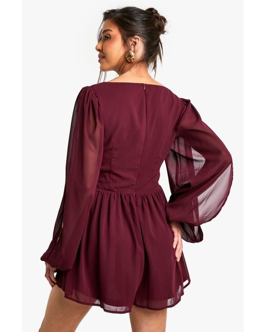 Boohoo Red Chiffon Wrap Split Sleeve Playsuit