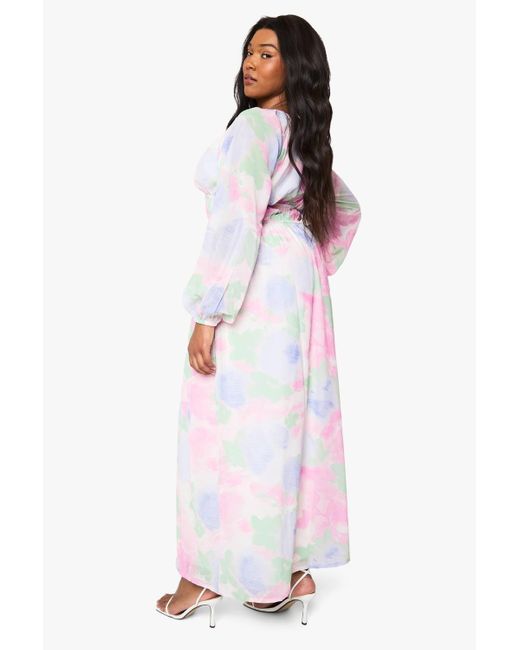 Boohoo White Plus Floral Chiffon Ruffle Volume Sleeve Maxi Dress