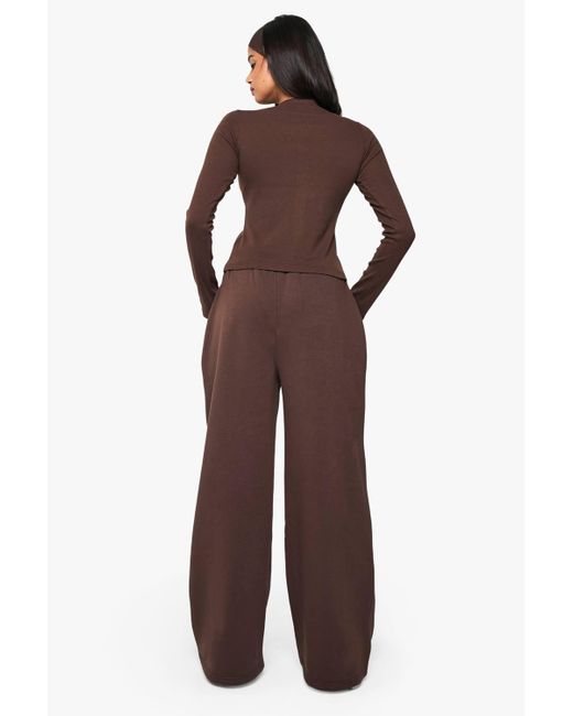 Boohoo Brown Rib Button Through Long Sleeve Top Tracksuit