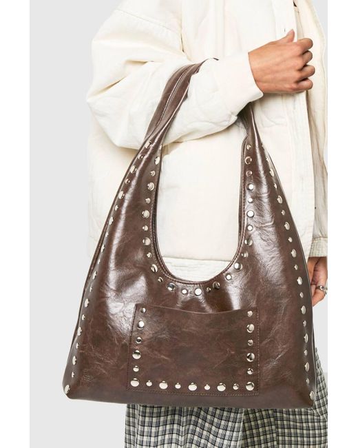 Boohoo Brown Stud Trim Distressed Slouchy Shoulder Bag