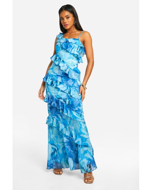 Boohoo Blue Floral Ruffle Chiffon Asymmetric Maxi Dress