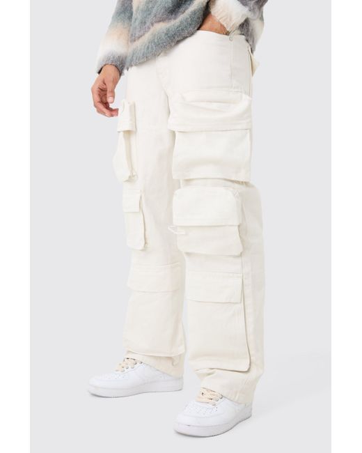 BoohooMAN White Baggy Rigid 3d Cargo Pocket Overdyed Jeans In Ecru for men