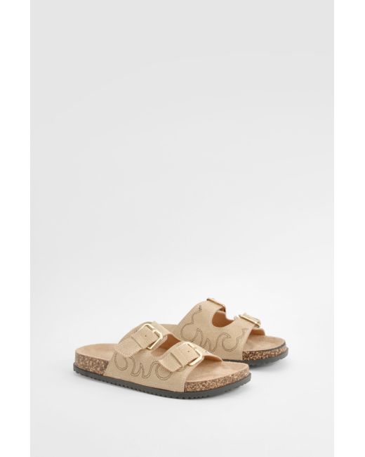 Boohoo Natural Western Stitch Footbed Buckle Sliders