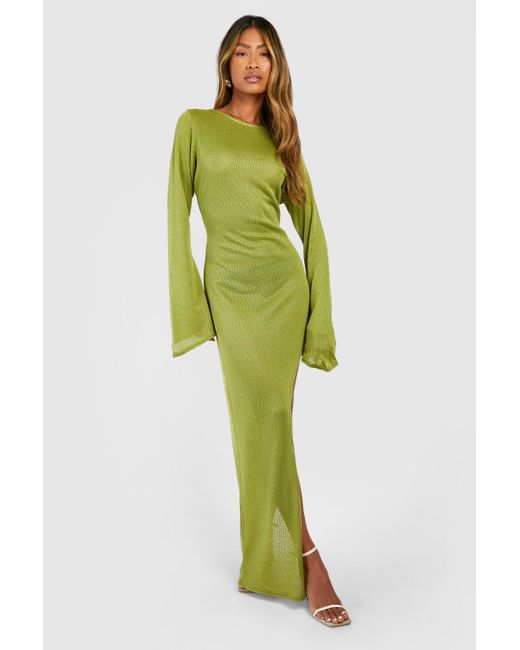 Boohoo Green Flare Sleeve Split Leg Snit Maxi Dress