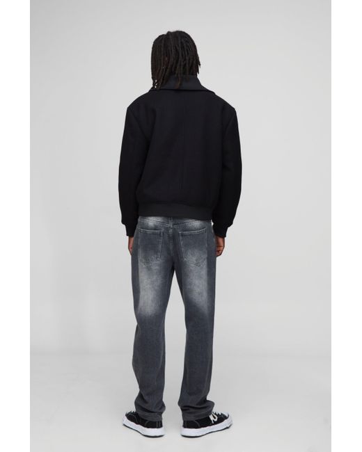 Boohoo Black Regular Fit Knitted Collar Zip Up Wool Look Bomber Jacket