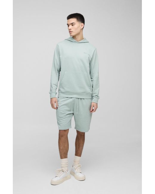 BoohooMAN Green 260gsm Loopback Basic Regular Fit Man. Over The Head Hoodie And Relaxed Jersey Short Set for men