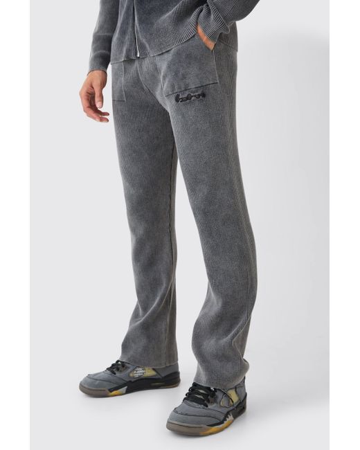BoohooMAN Relaxed Fit Acid Wash Ribbed Knitted Joggers in Gray für Herren
