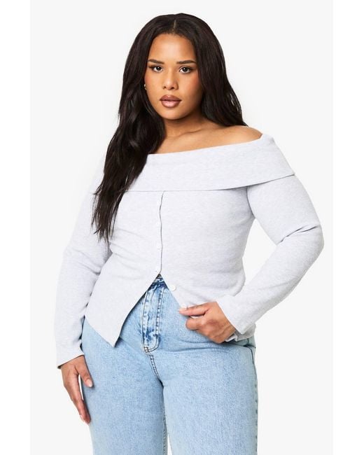 Boohoo White Plus Button Down Bardot Rib Top