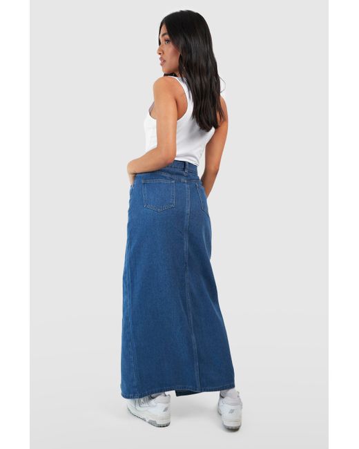 Boohoo Blue Petite Mid Wash Split Front Denim Maxi Skirt