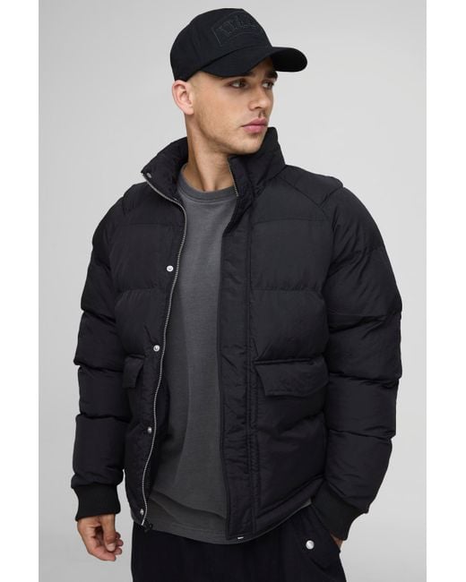 Boohoo Gray Regular Fit Raglan Sleeve Funnel Neck Puffer Jacket