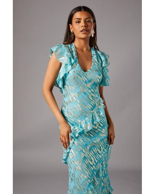 Coast Blue Petite Metallic Jacquard Frill Midi Dress