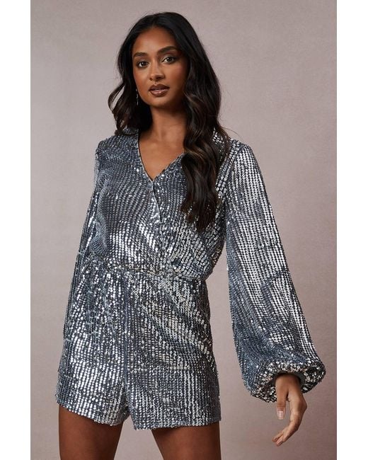 Oasis Gray Sequin Stripe Wrap Romper